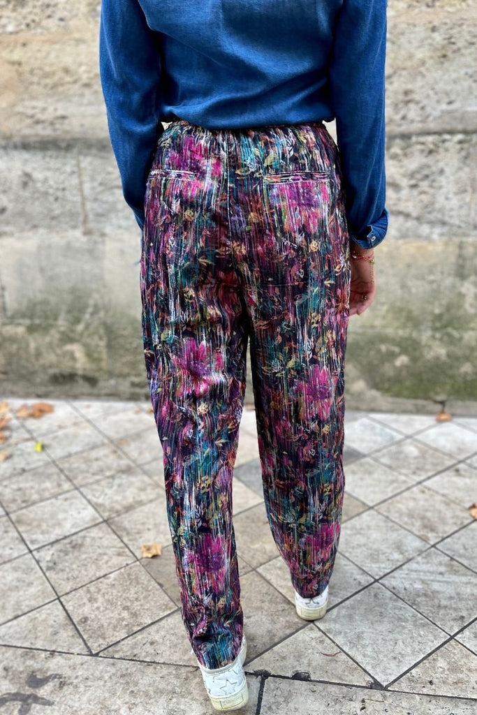 Pantalon Katy, couleur multicolore, marque The Korner, taille élastique, taille haute, 2 poches sur les côtés