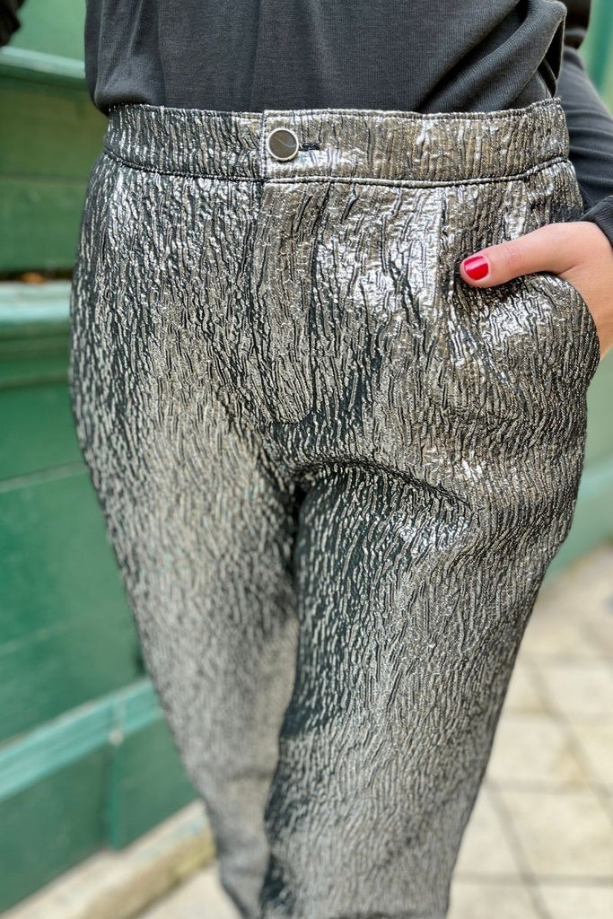 Pantalon Klimt, couleur argent, marque Garance, taille élastique à l'arrière, coupe cigarette