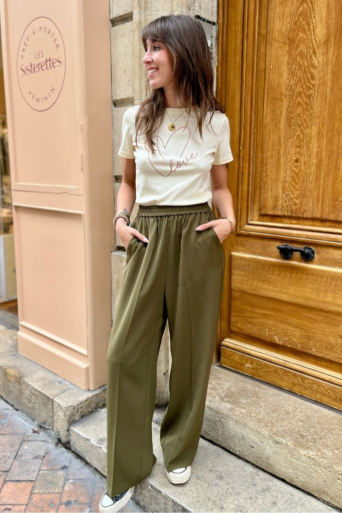 Pantalon Noblesse, marque Grace & Mila, couleur verte forêt, taille haute et élastique, coupe large et loose