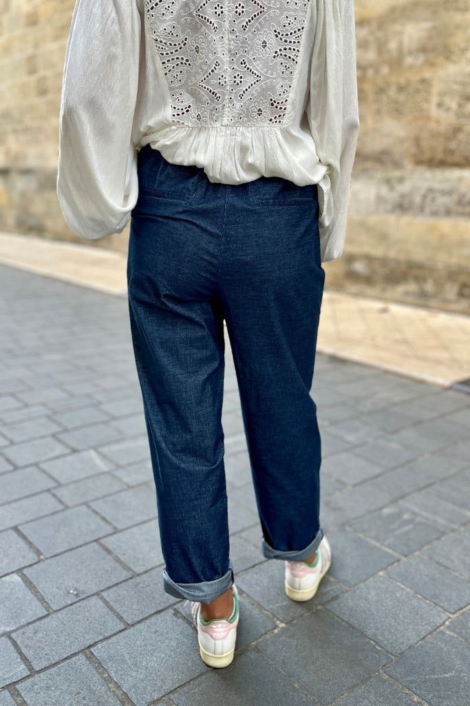 Pantalon Oxalis, couleur bleu, marque Frnch, taille haute et élastique