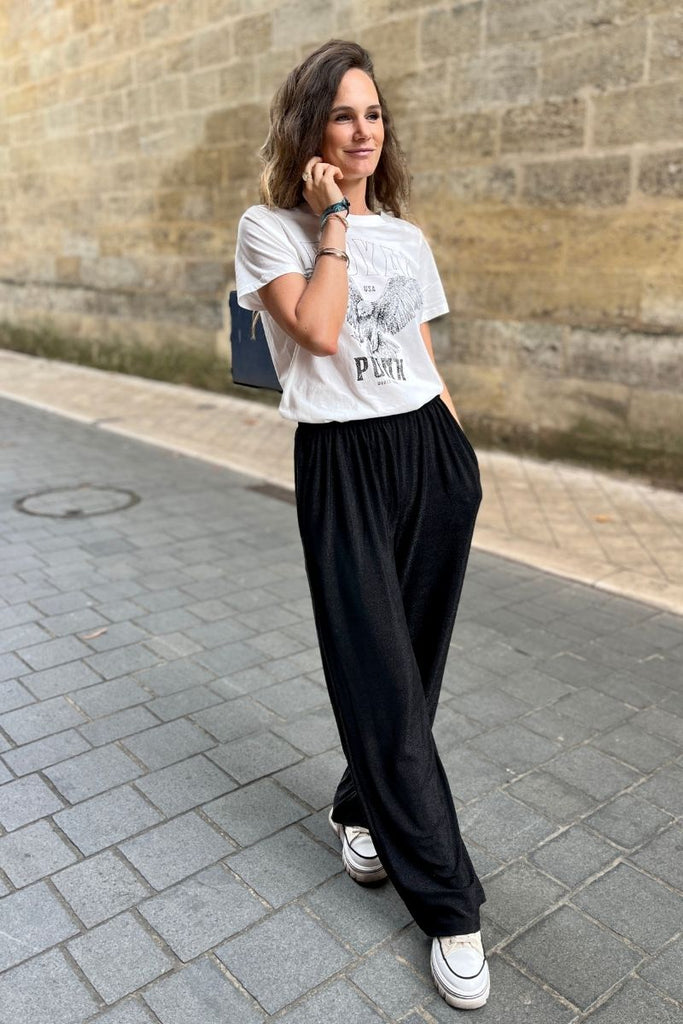 Pantalon Priceton, couleur noir, marque Laure + Max, pantalon à paillettes, coupe droite taille élastique
