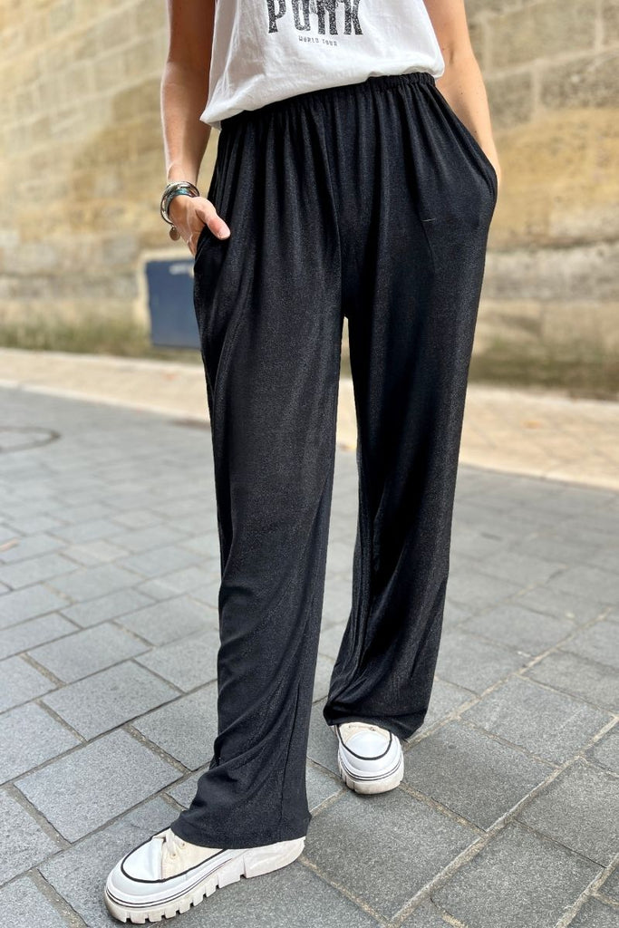 Pantalon Priceton, couleur noir, marque Laure + Max, pantalon à paillettes, coupe droite taille élastique