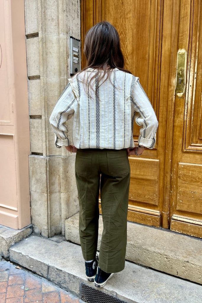 Pantalon Sole, couleur vert foret, marque Grace & Mila, taille haute, coupe droite et 7/8ème