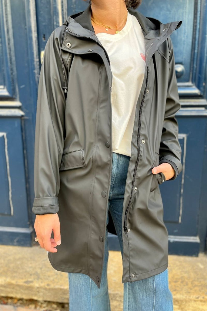 Parka Ihtazi, couleur noir, marque Ichi, mi longue, capuche non amovible