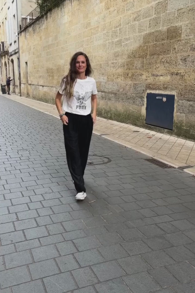 Pantalon Priceton, couleur noir, marque Laure + Max, pantalon à paillettes, coupe droite taille élastique