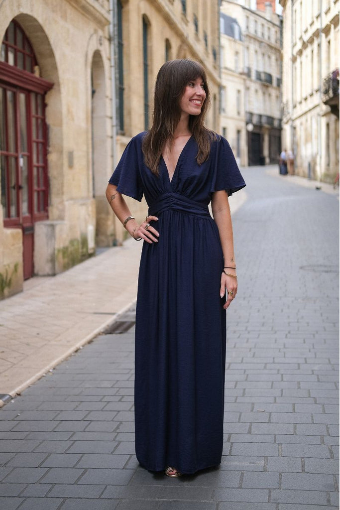 Robe Adélaïde, couleur marine, manches courtes, encolure V