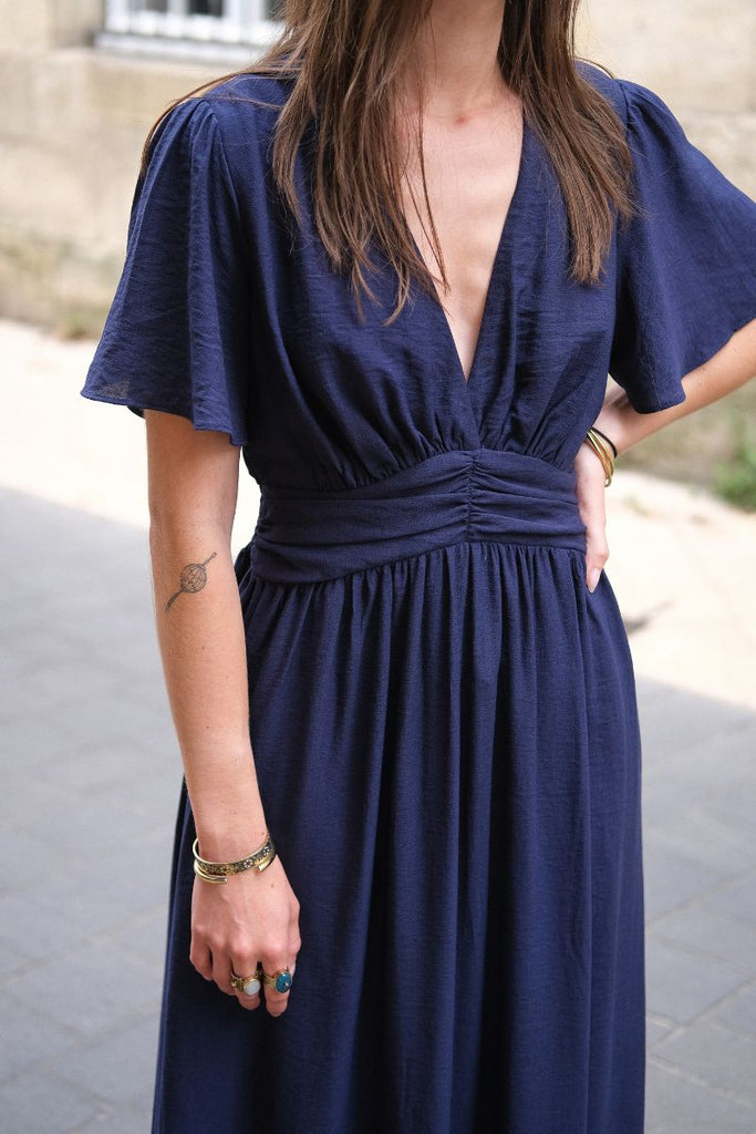 Robe Adélaïde, couleur marine, manches courtes, encolure V