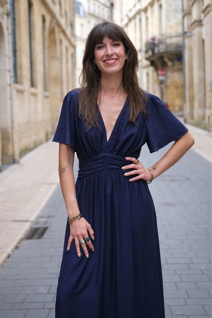Robe Adélaïde, couleur marine, manches courtes, encolure V