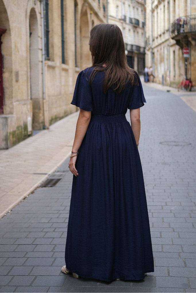 Robe Adélaïde, couleur marine, manches courtes, encolure V