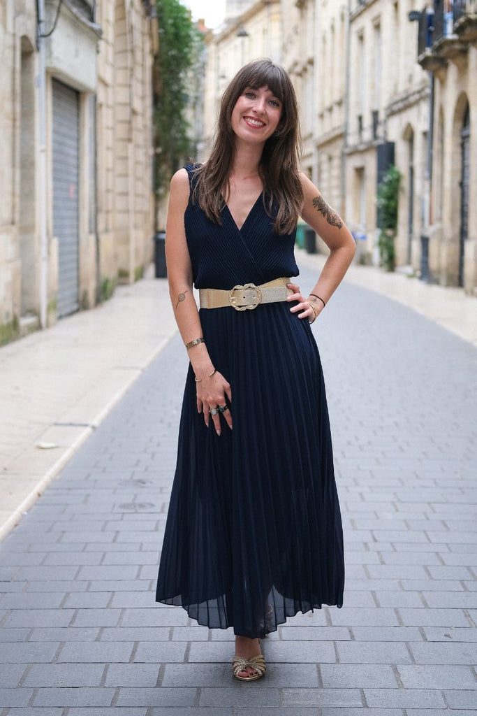 Robe Amélia, couleur marine, robe plissée, taille élastique