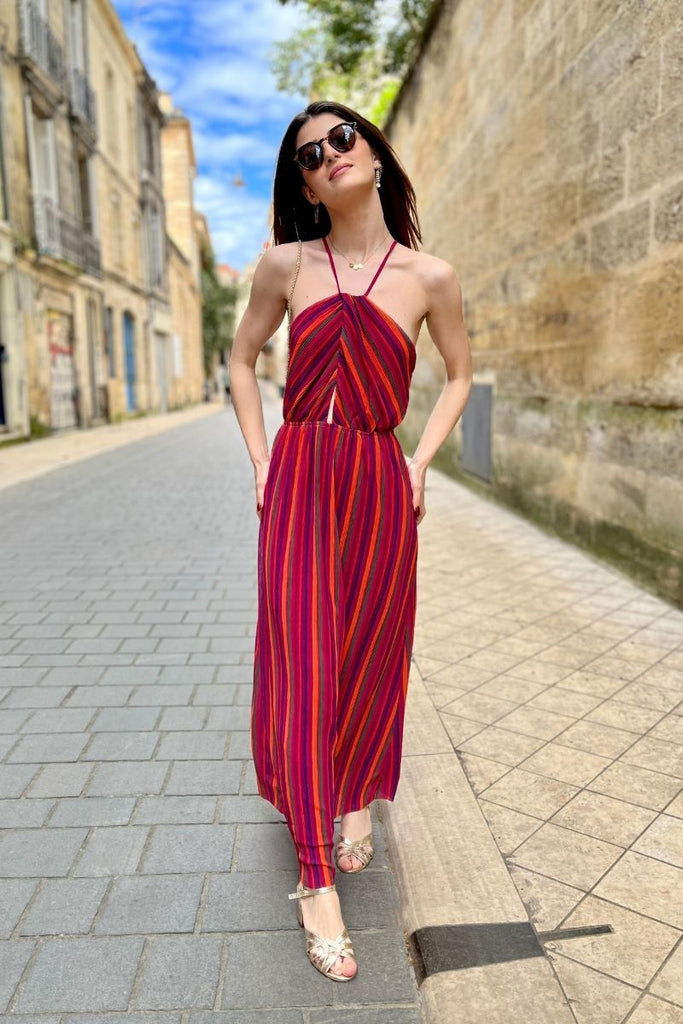 Robe Meredith, couleur : multicolore, robe longue, dos nu, matière rayures, taille élastique