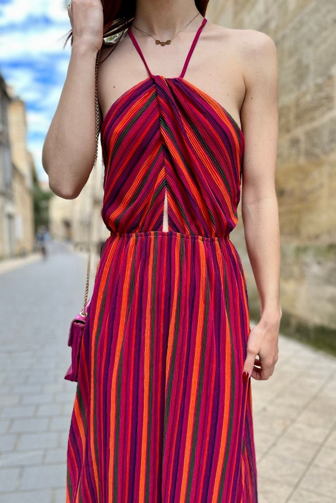 Robe Meredith, couleur : multicolore, robe longue, dos nu, matière rayures, taille élastique