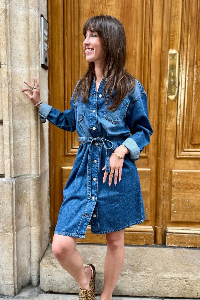 Robe Vikiki, couleur bleu jean, marque Vila, manches longues, col chemise