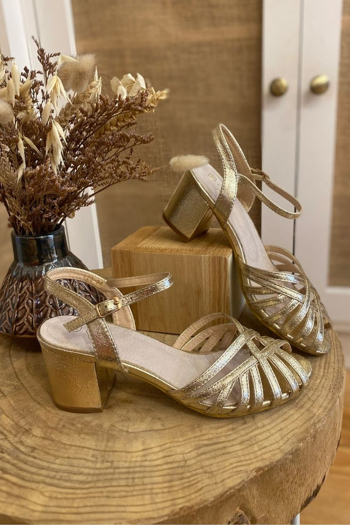 Sandales Alba, couleur doré, semelle intérieure cuir, petit talon, idéale cérémonie