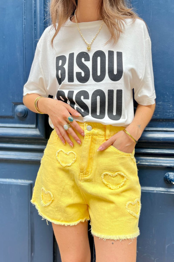Short Yoli, couleur jaune, matière coton, taille haute