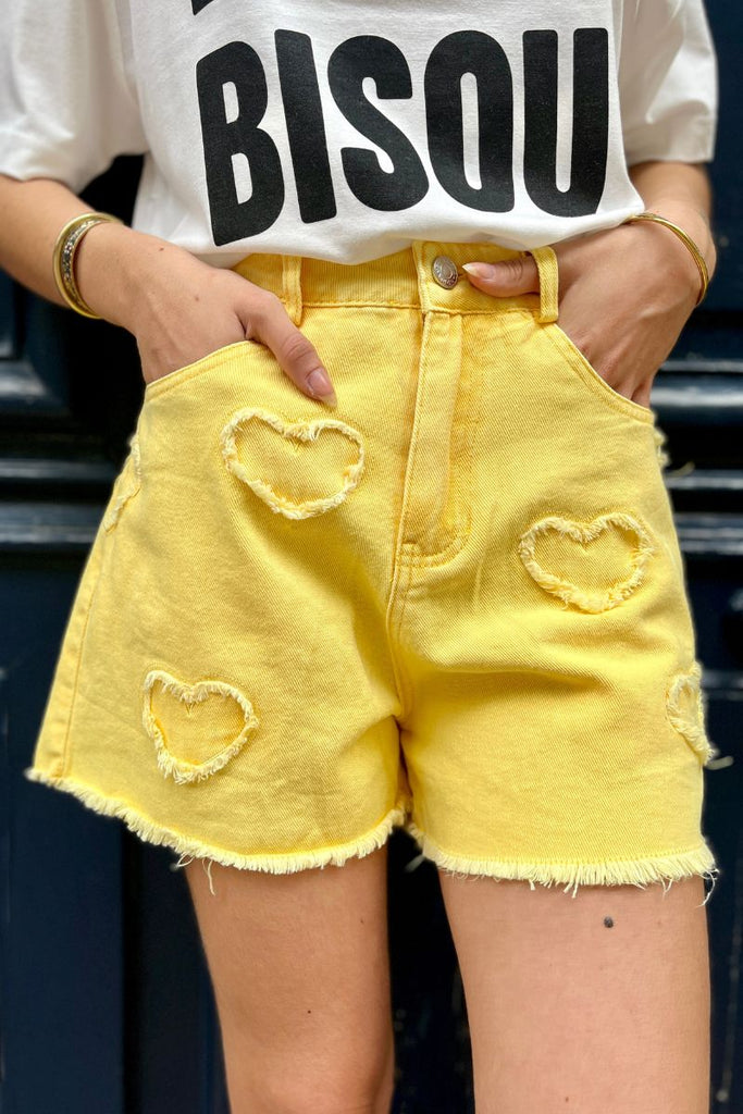 Short Yoli, couleur jaune, matière coton, taille haute