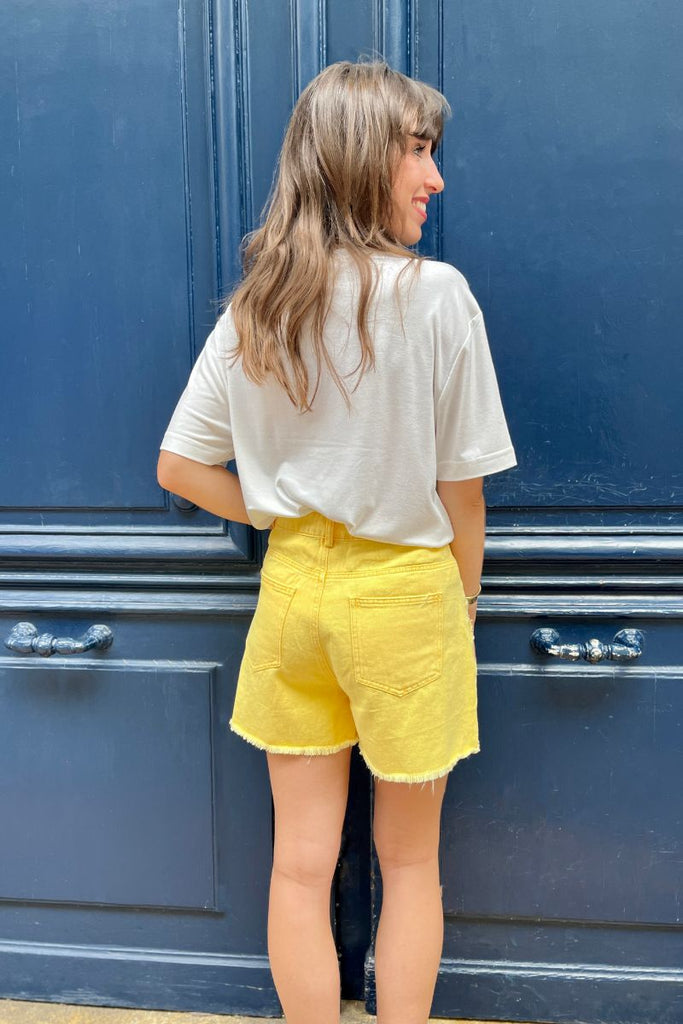 Short Yoli, couleur jaune, matière coton, taille haute