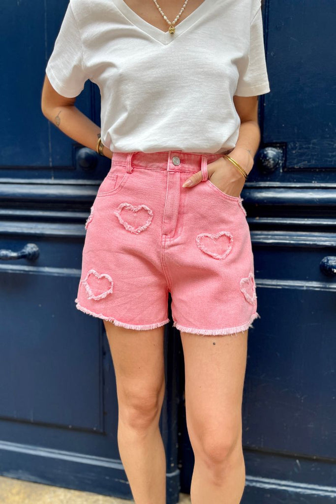 Short Yoli, couleur rose, matière coton, taille haute