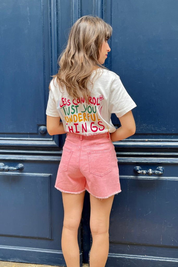 Short Yoli, couleur rose, matière coton, taille haute