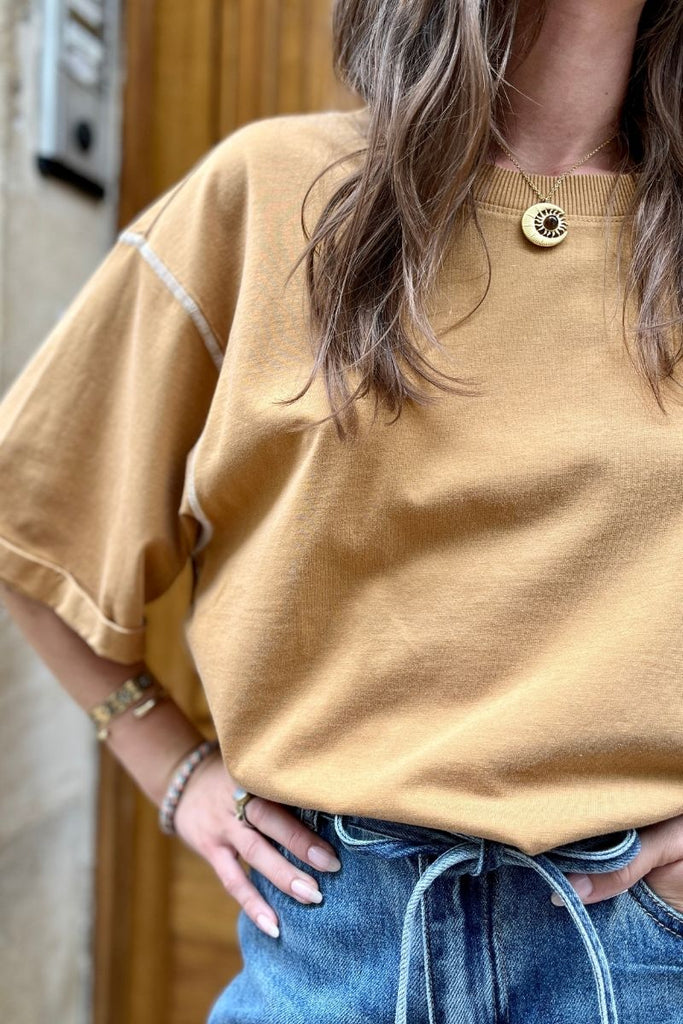 T-shirt Virubie, couleur camel, marque Vila, manches courtes, col rond