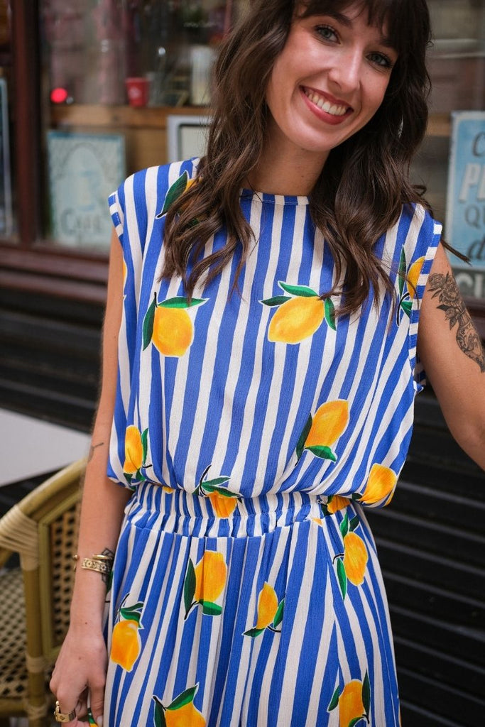 Top Citrus, couleur bleu, manches courtes, encolure ronde